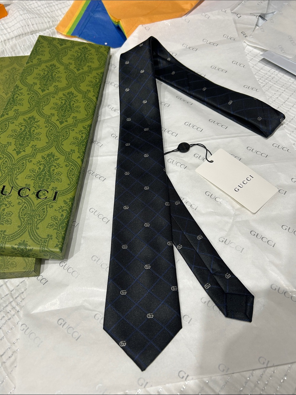 Gucci Black Silk Tie with Navy Windowpane and GG Motif